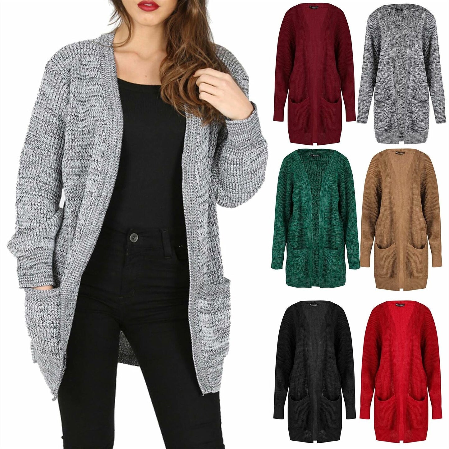 Womens Chunky Knitted Grandad Cardigan Ladies Baggy Boyfriend Open Pocket Jumper