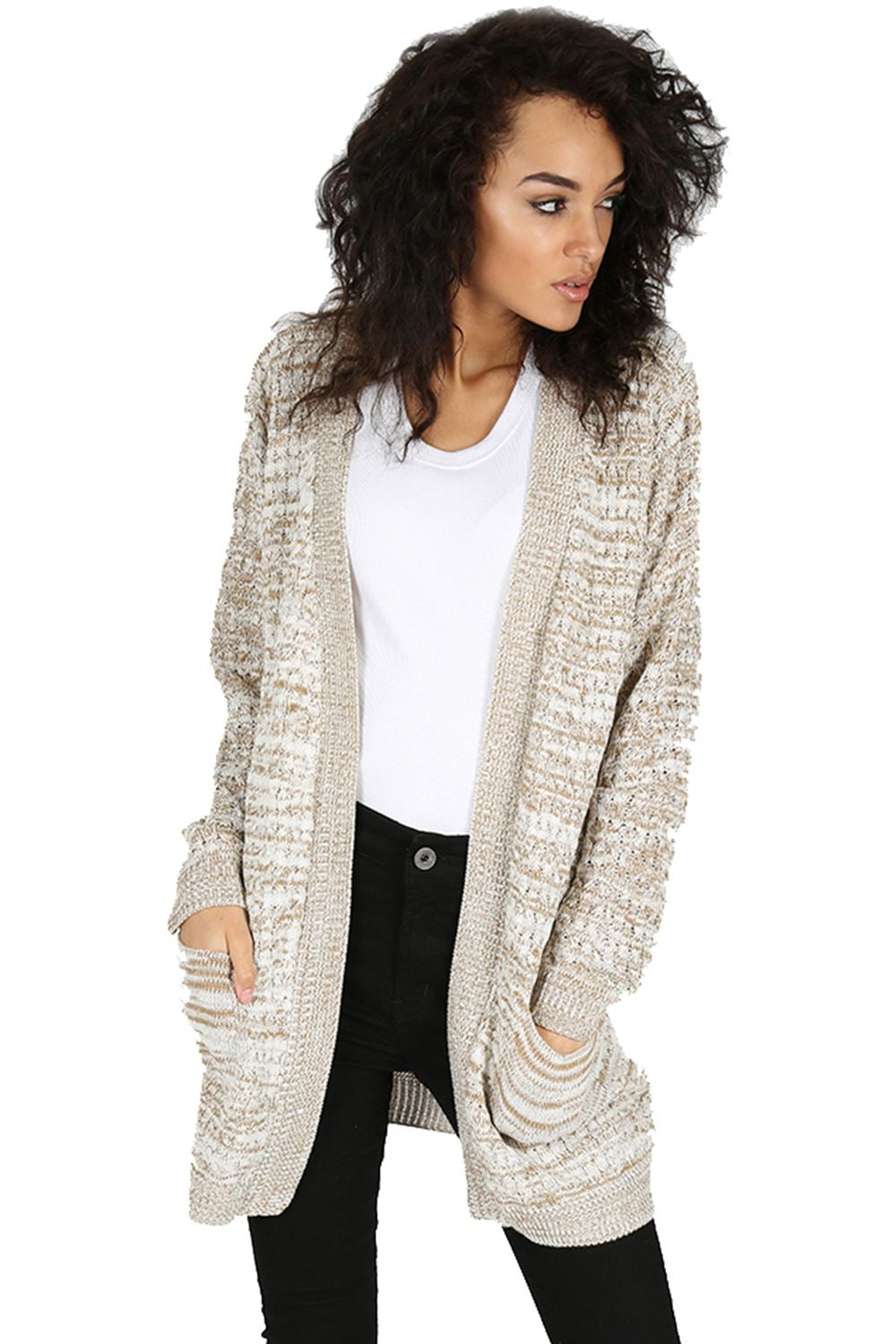 Womens Chunky Knitted Grandad Cardigan Ladies Baggy Boyfriend Open Pocket Jumper